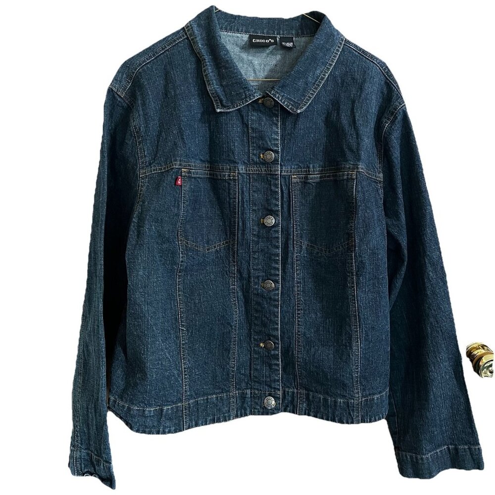 Womens Chico’s Denim Jacket Jeans Button Down Cotton Blend Size 3 (XL/16)
